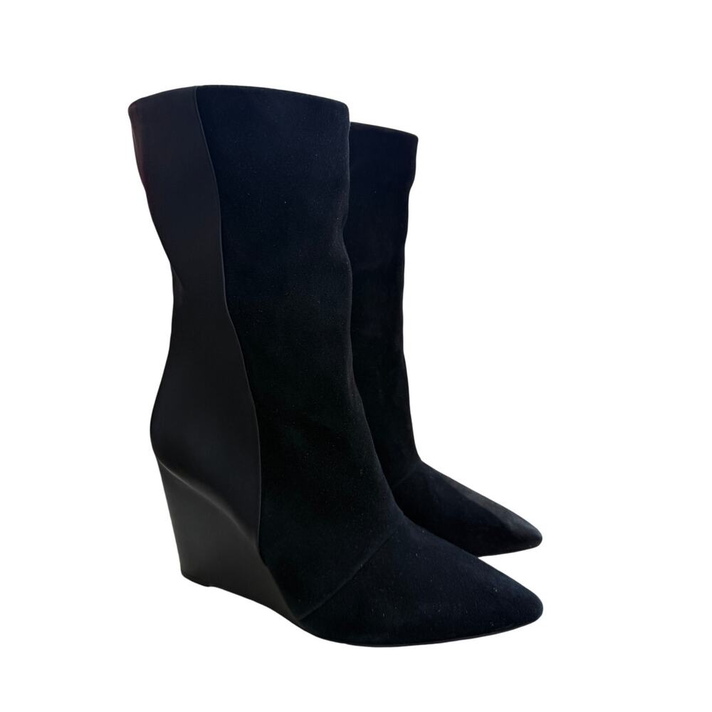 👢 1.STATE Black Leather Suede Wedge Boots Women’s Size 8.5 Pointed Toe